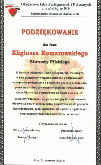 Podziękowanie OIPiP w Pile za przekazanie środków ochrony osobistej