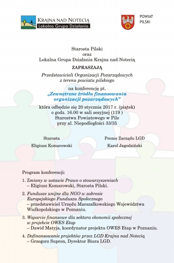 Starosta Pilski i Prezes LGD "Krajna nad Notecią" zapraszają na konferencję dla organizacji pozarządowych